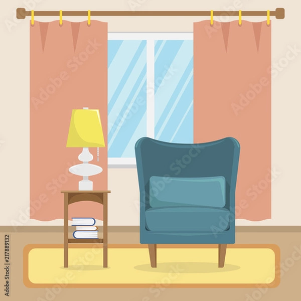 Fototapeta Flat vector illustration of the living room with a chair and the table lamp.