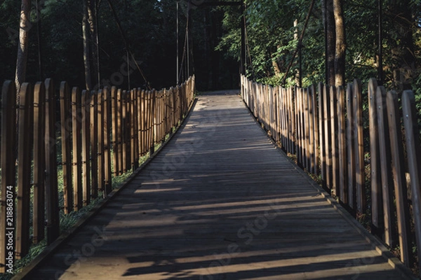 Fototapeta Moody Photo of the Wodden Bridge in a Park, Between Woods - Desaturated, Vintage Look