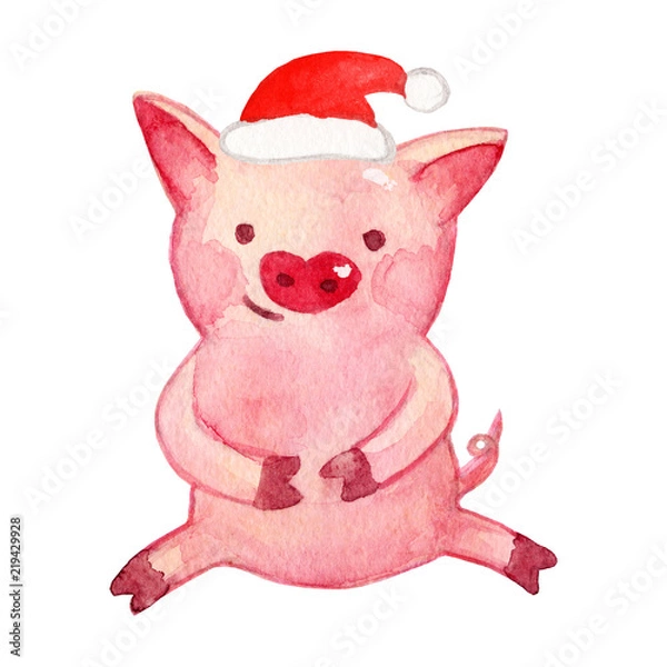 Obraz Watercolor Pig. 2019 Chinese New Year of the Pig. Christmas greeting card.   Isolated on white background. Cute watercolor illustration. 