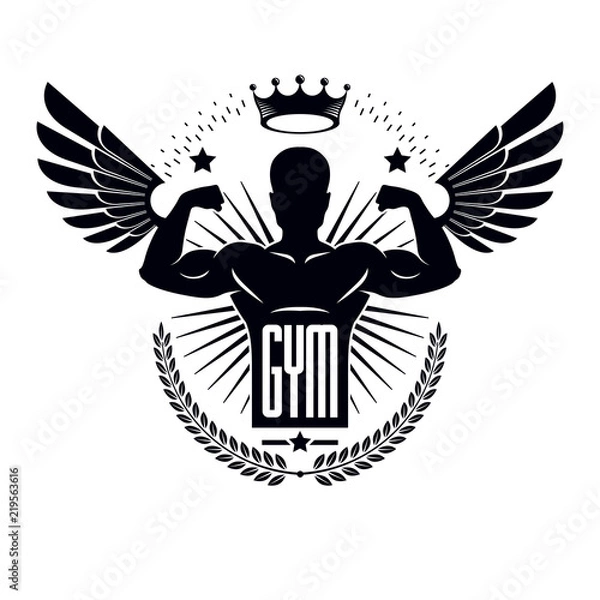 Fototapeta Gym and fitness logo template, retro stylized vector emblem or badge with wings. With bodybuilder silhouette.