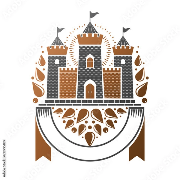 Fototapeta Ancient Fort emblem. Heraldic Coat of Arms decorative logo isolated vector illustration. Ornate logotype in old style on white background.