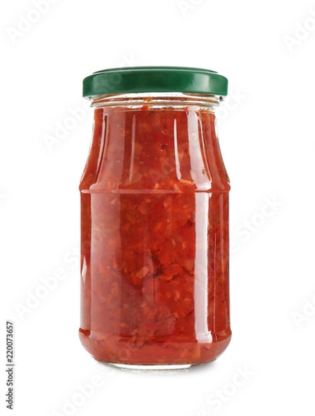 Obraz Jar with tasty sauce on white background