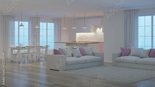 Fototapeta Modern house interior. White interior. Night. Evening lighting. 3D rendering.