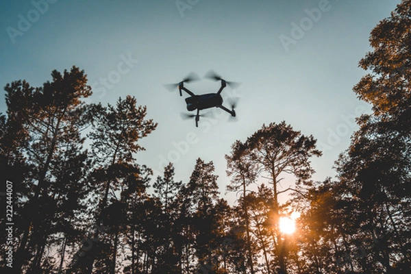 Fototapeta silhouette of a modern drone in a forest with lens flare in the background