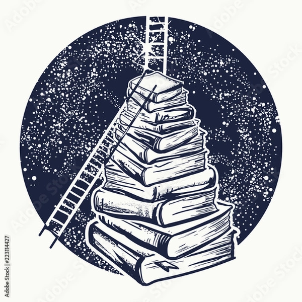 Fototapeta Ladders on stack of books tattoo. Symbol of education, science, knowledge, studying, dreams t-shirt design