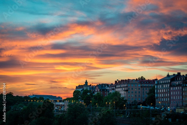 Fototapeta Sunset over vasastaden in stockholm