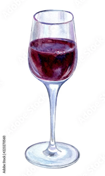 Fototapeta Glass of red wine, watercolor illustration on white background, isolated with clipping path.