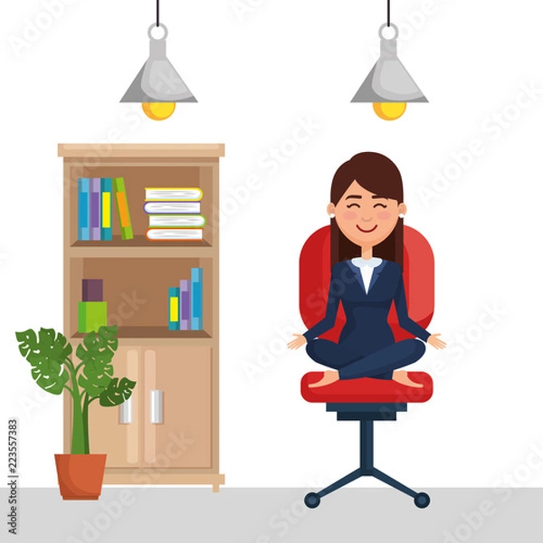 Fototapeta business woman practicing yoga in office chair