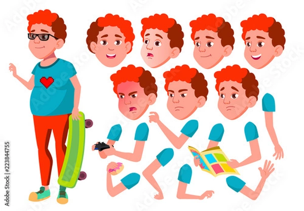 Fototapeta Teen Boy Vector. Teenager. Fun, Cheerful. Red Head. Fat Gamer. Face Emotions, Various Gestures. Animation Creation Set. Isolated Flat Cartoon Character Illustration