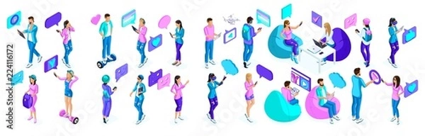 Obraz Isometric teenagers, use gadgets, phones, generation Z, bright colors concept. A large set of holographic people