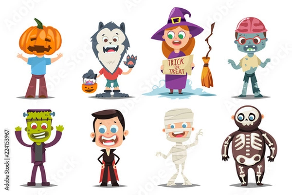 Fototapeta Halloween kids costumes: pumpkin, vampire, werewolf, zombie, frankenstein, witch with a broom, mummy and skeleton. Vector cartoon set of cute boy and girl characters isolated on white background.