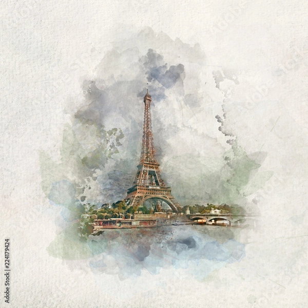 Fototapeta Eiffel Tower in Paris, France in watercolors.