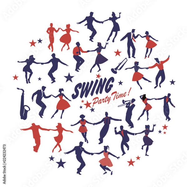 Fototapeta Silhouettes of swing dancers isolated forming a circle on white background