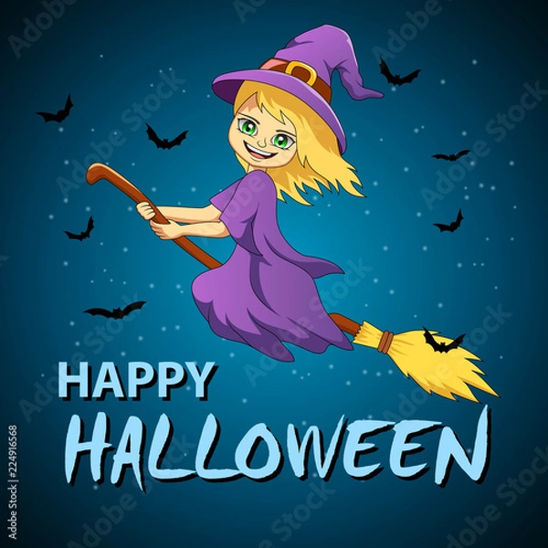 Fototapeta Halloween flying little witch. Girl kid in halloween costume flying. Vector illustration