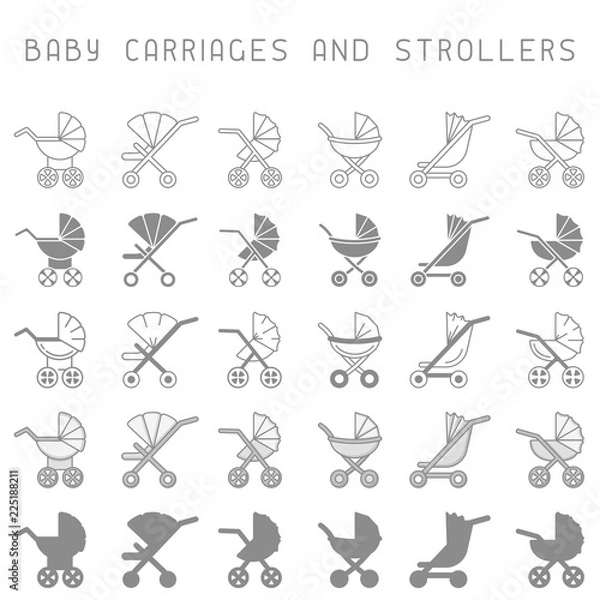 Fototapeta Baby carriages and strollers icons set. Linear and flat style vector illustration