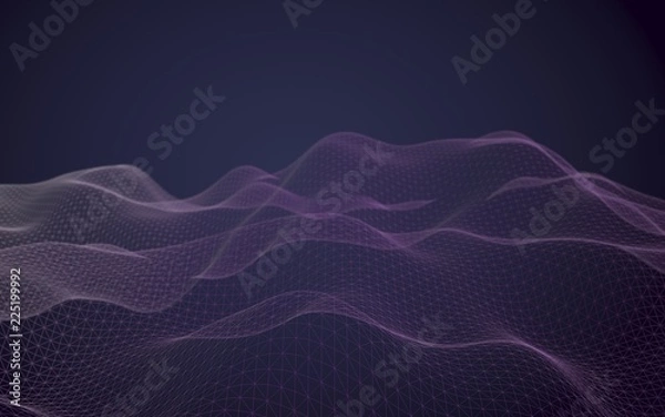 Fototapeta Abstract landscape on a dark background. Cyberspace navy blue grid. Hi-tech network. 3D illustration