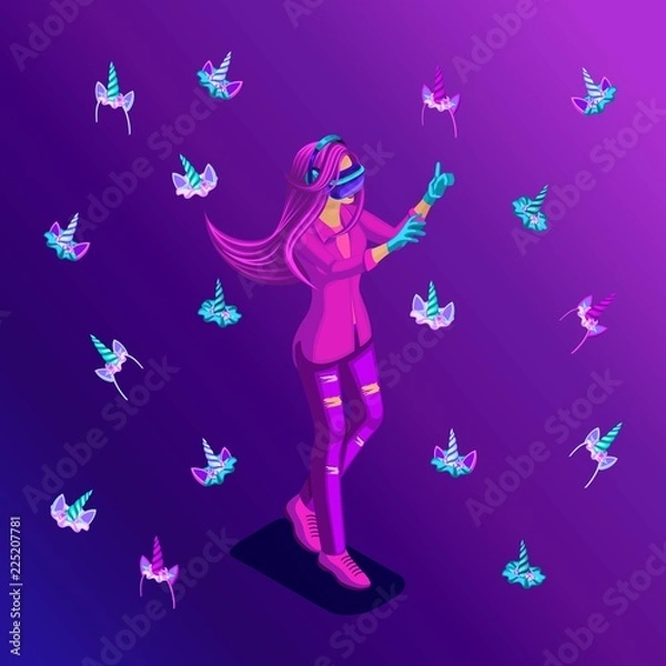 Fototapeta Isometric girl, concept of virtual game on a bright background, teenager, bright colors of clothes and hair, colorful, rainbow, many accessories of unicorns, horns