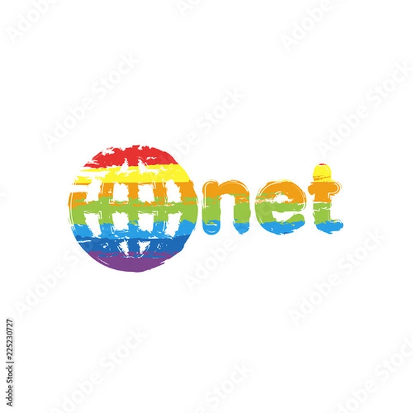 Fototapeta one of main domains, globe and net. Drawing sign with LGBT style, seven colors of rainbow (red, orange, yellow, green, blue, indigo, violet