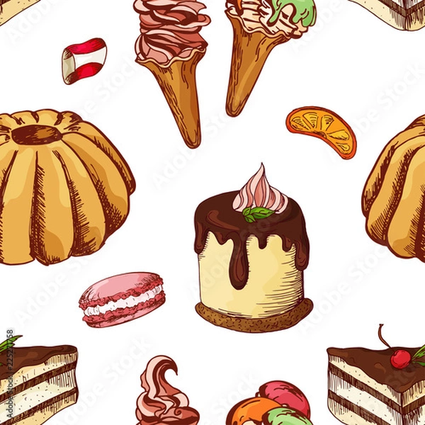 Fototapeta Seamless pattern with desserts. Hand drawn pancakes and buns. Vector illustration for your design