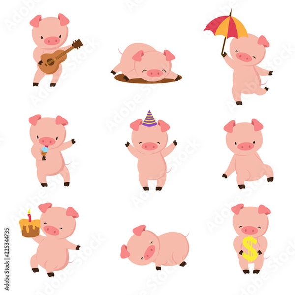 Fototapeta Cartoon pig. Cute smiling pigs playing in mud. Vector farm animal character set. Illustration of pig in mud, fun farm swine