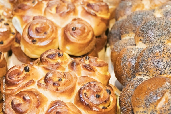 Fototapeta Fresh baked pastries - buns with raisins and roll with poppy seeds, as a background