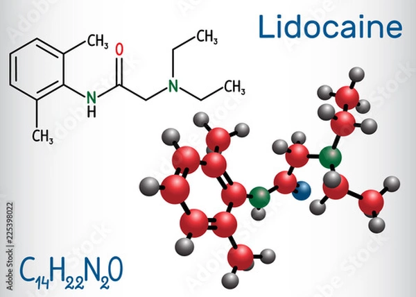 Fototapeta Lidocaine (xylocaine, lignocaine) molecule. It is local anesthetic. Structural chemical formula and molecule model