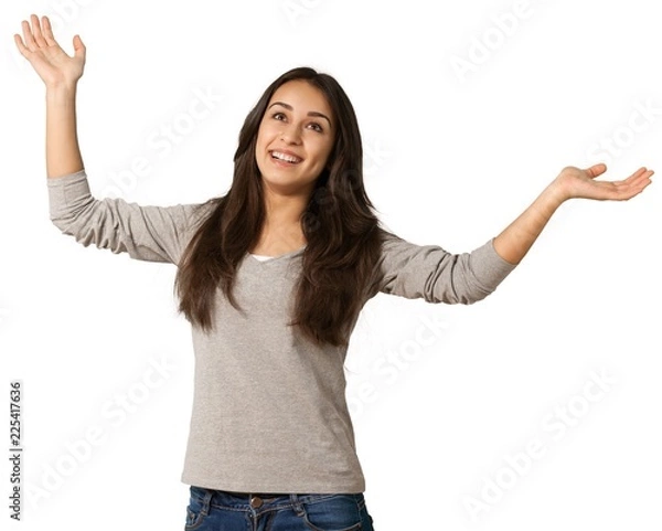 Fototapeta happy young woman with hands raised in the air