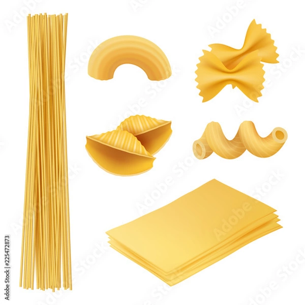 Fototapeta Pasta realistic. Italian food farfalle fusilli macaroni cook ingredients vector pictures of traditional cuisine. Italian cuisine, food macaroni, fusilli and penne illustration