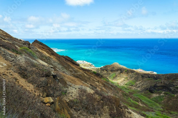 Fototapeta Tropical freedom and island paradise for travel and nature concept.  Happiness and balance with coral reef and blue waters.  Overlook.