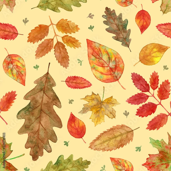 Fototapeta watercolor autumn leaf fall. hand painting seamless pattern on yellow background.