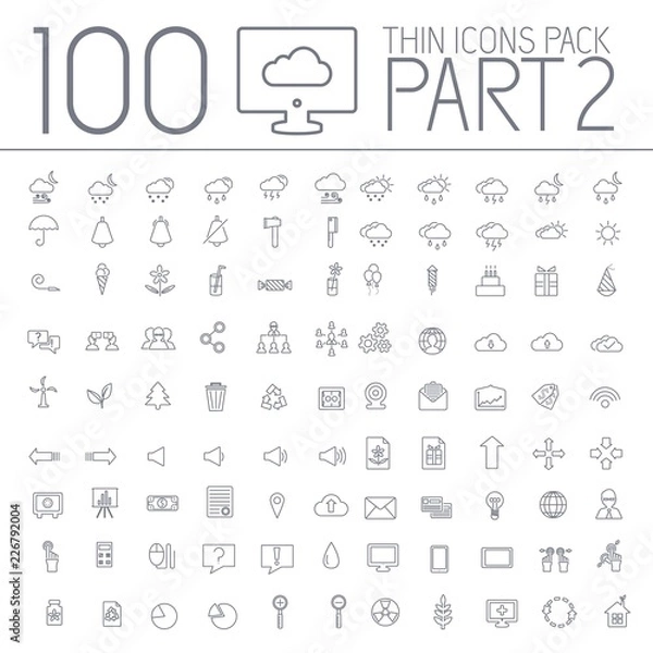 Fototapeta part 2 of set 100 thin line icons pictogram. For web and mobile. Happy birthday, business, ofiice, digital, mobile, eco, whether themes. Vector illustration design