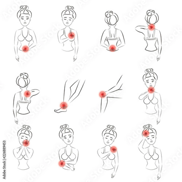 Fototapeta Outline vector illustration of woman pain set. Line female feeling pain in different body parts.