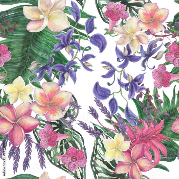 Fototapeta Watercolor painting seamless pattern with tropical leaves and orchid, plumeria flowers