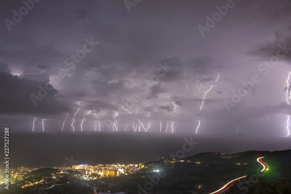 Fototapeta Big seastorm with lightnings at Barcelona