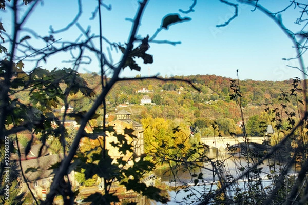 Fototapeta panorama east germany villa vintage sky wood perspective park healthy bad koesen treatment sun tree water river