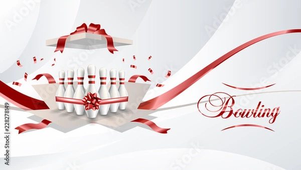 Fototapeta Bowling present open box with pins red color ribbon on white background. Vector illustration. 