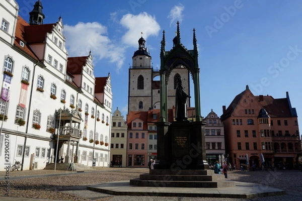 Fototapeta Wittenberg Colorful Market Square, Rathaus, City Church,Martin Luther Statue  Lutherstadt Wittenberg Germany