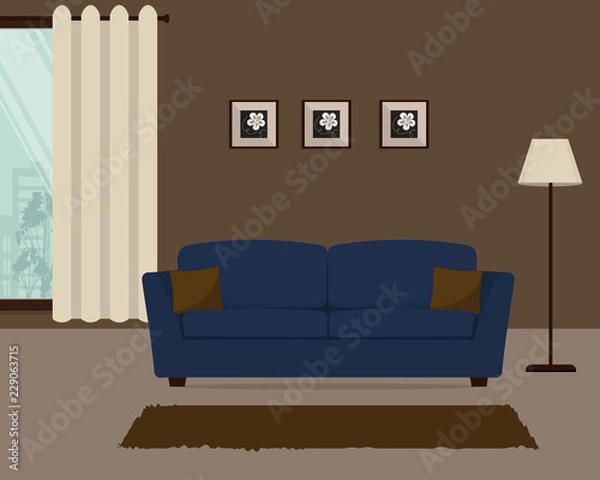 Fototapeta Brown living room with a blue sofa. There is also a big window with curtains, pictures and a lamp in the image. Vector illustration.