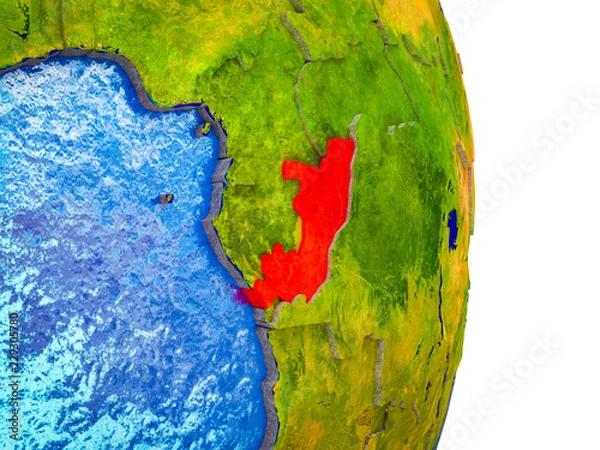 Fototapeta Congo on 3D model of Earth with divided countries and blue oceans.