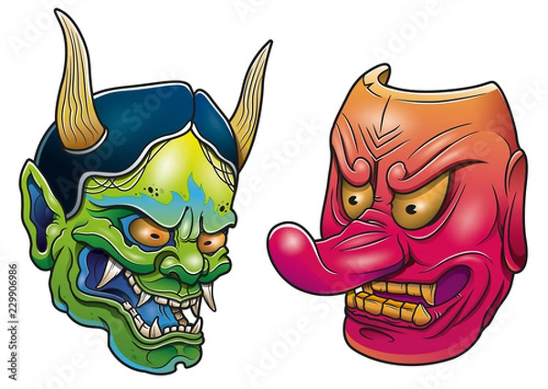 Fototapeta Hand drawn Japanese hannya demon vector isolated illustration on a light background.