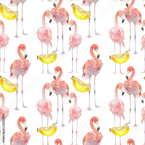 Fototapeta Beautiful seamless summer pattern background with tropical flamingo and bananas. Perfect for wallpapers, web page backgrounds, surface textures, textile. Hand drawn illustration isolated on white