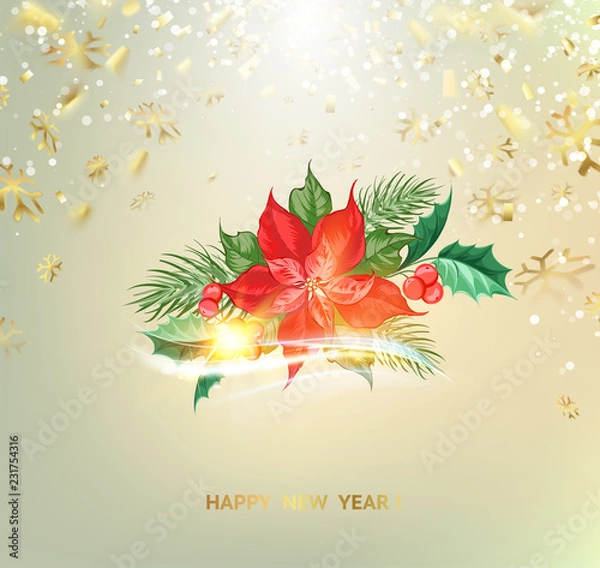 Fototapeta Fantasy christmas fir tree with poisettia flower and golden confetti on background. Vector illustration