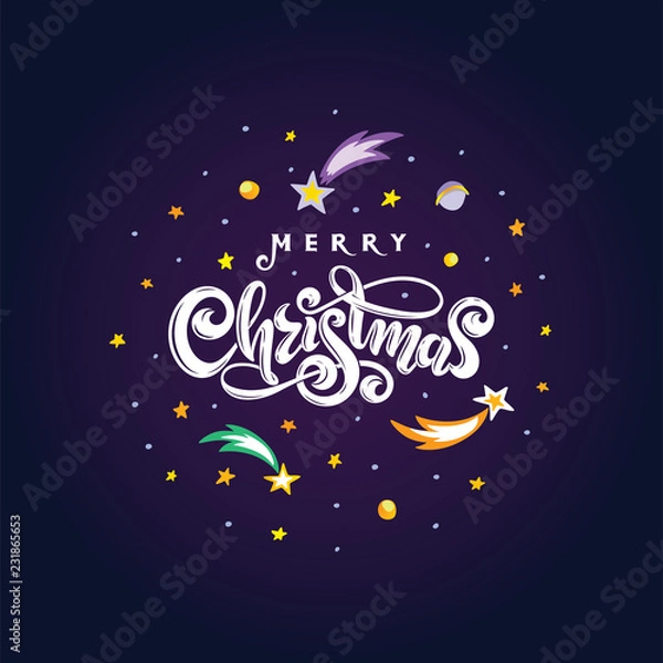 Fototapeta Vector text Merry Christmas isolated in night cosmic round ball shape. Handwritten festive lettering gift greeting card