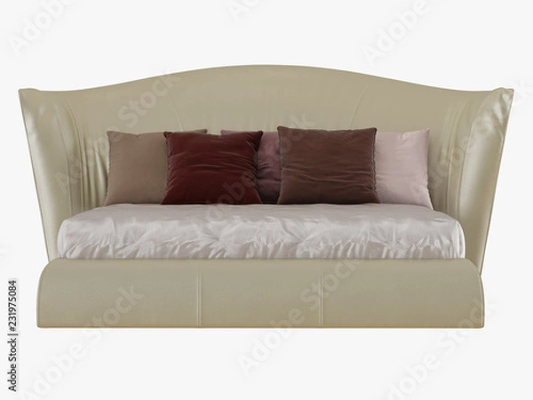 Fototapeta Large beige bed with a soft back and colored pillows front view 3D rendering