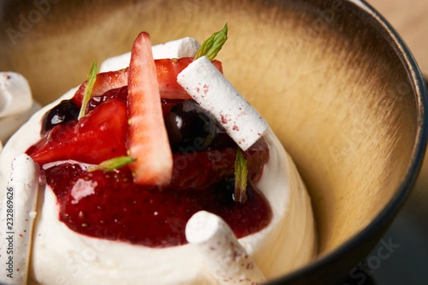 Fototapeta Estonian sweet dessert Kama with yoghurt mousse, wild berries an