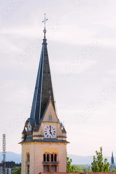 Fototapeta Spire of St James Church and cityscape of Ljubljana Slovenia