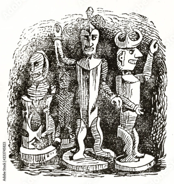 Fototapeta Old rough illustration of three little New Zealand sculpted idols statuettes. By unidentified author published on Magasin Pittoresque Paris 1839