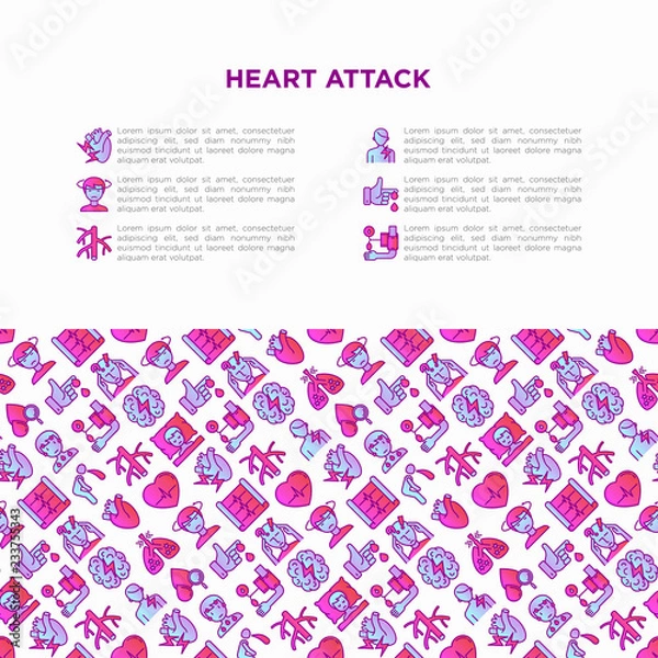 Fototapeta Heart attack symptoms concept wiht thin line icons: dizziness, dyspnea, cardiogram, panic attack, weakness, acute pain, cholesterol level, nausea, diabetes. Vector illustration, print media template.