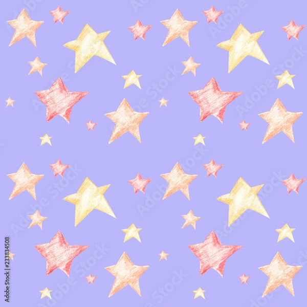 Fototapeta Seamless pattern with stars. Children`s fairy tale pattern with yellow, orange and red stars. 