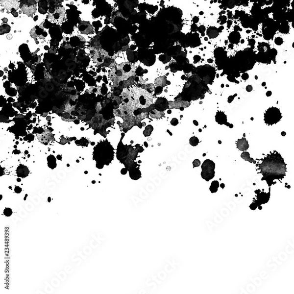 Fototapeta  Isolated artistic black watercolor and ink splatter textures and decorative elements on white wall background.